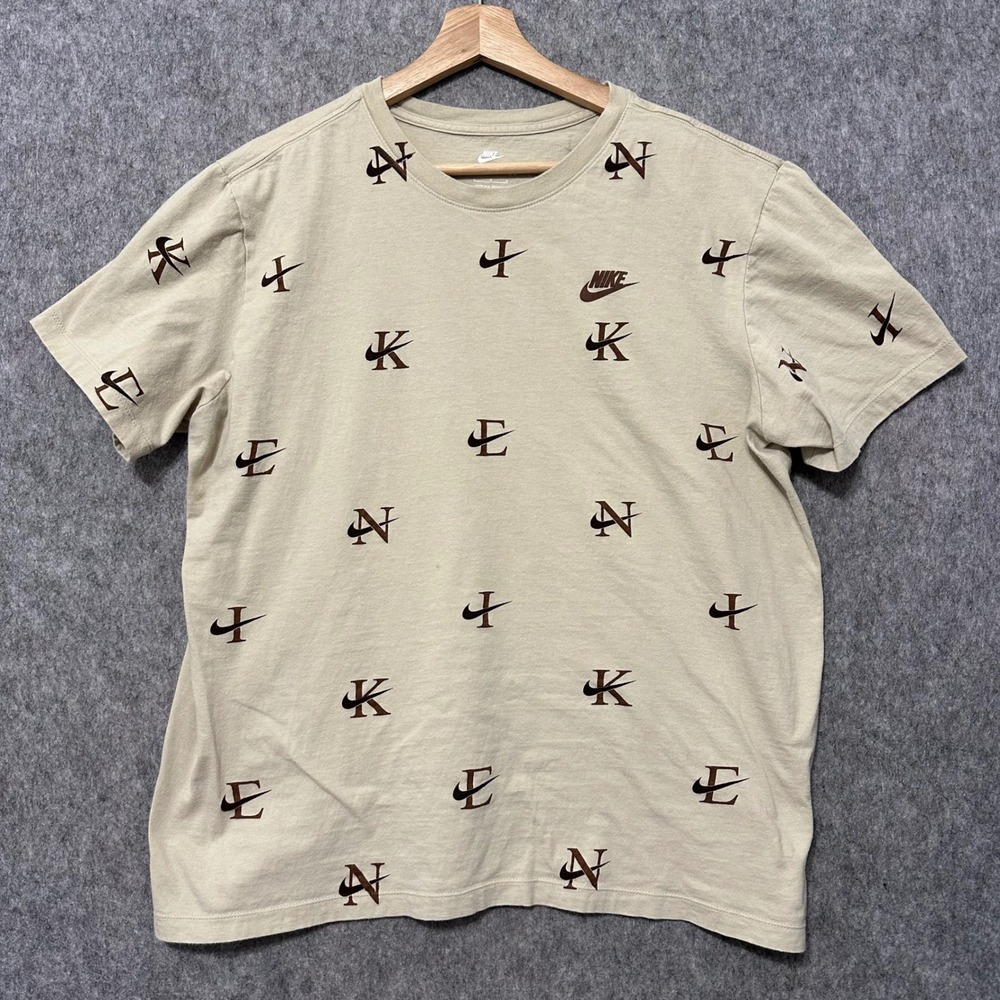 Nike‎ The Nike Tee Tan Brown Mens Size Large All Over Print Swoosh Logo T-Shirt